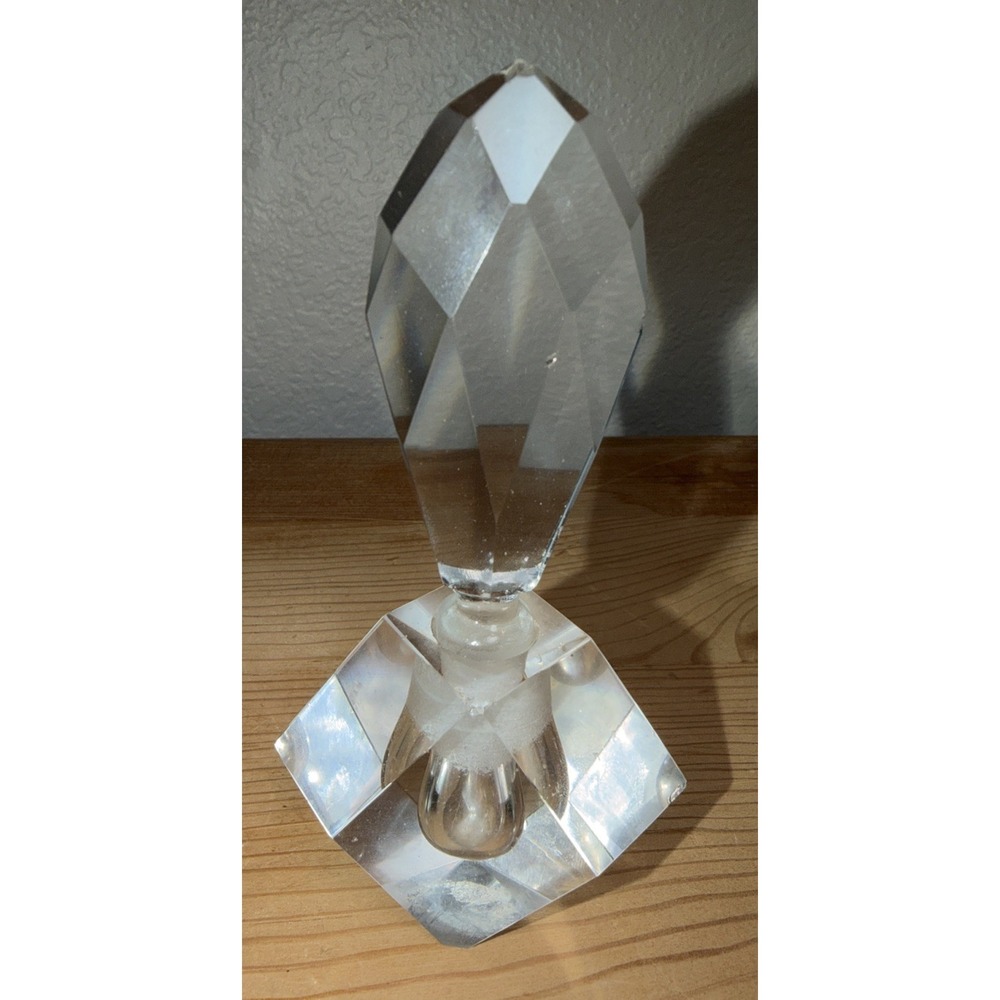 Vintage Art Deco Crystal Perfume Vanity Bottle with Stopper Geometric Glass Chip